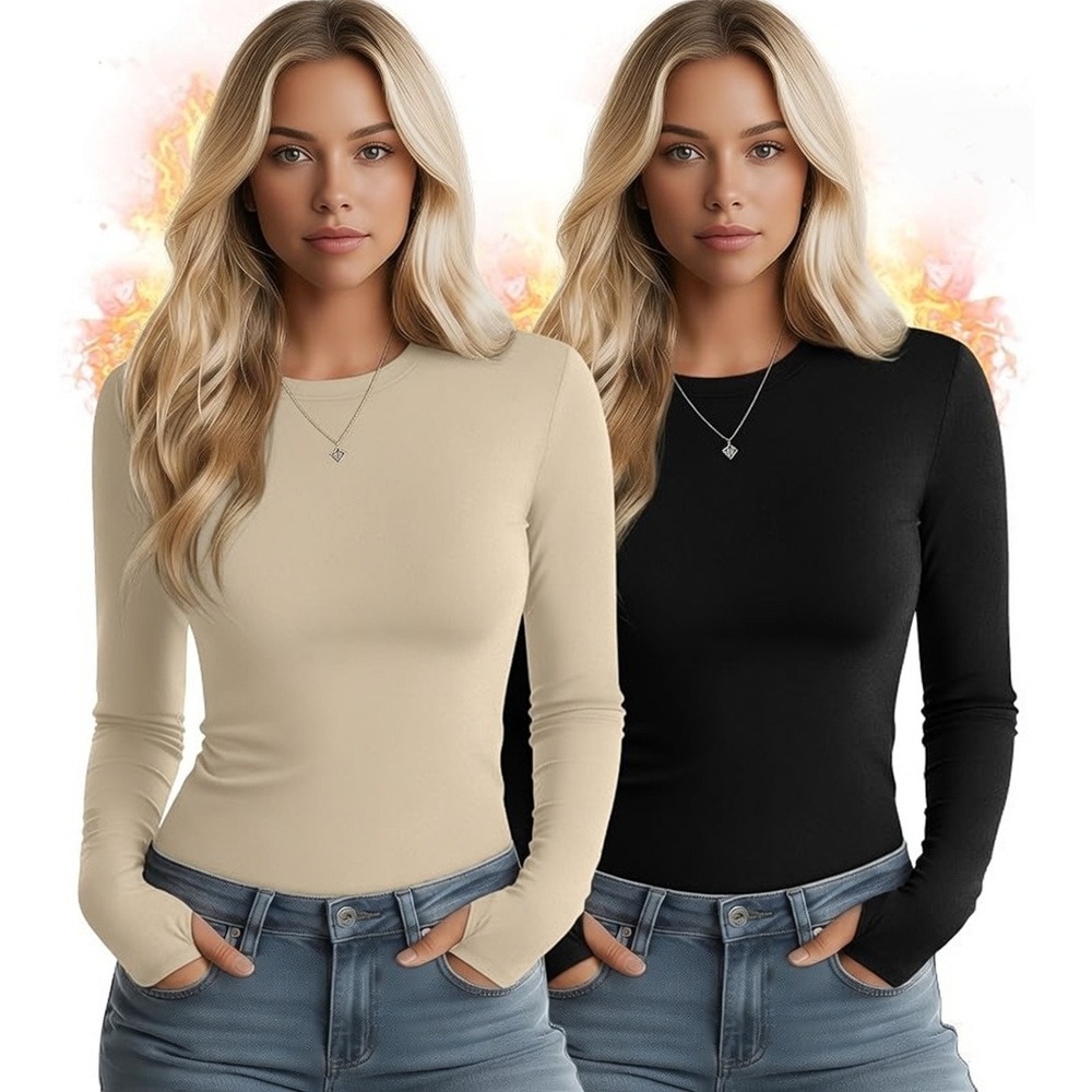 Set of 2 Huukeay Women's S Beige, Black Thermal Shirts with Thumb Holes Long